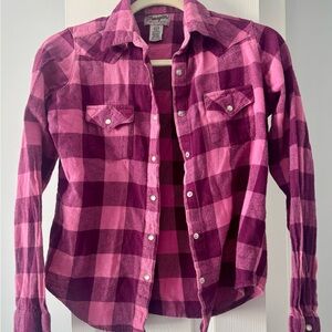 Wrangler Wrancher Pink Plaid button up with Pearl Buttons